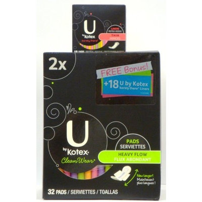 U By Kotex CleanWear Ultra Thin Heavy Flow Pads with Wings 32 Ct + U By Kotex Barely There Thin Liners 18 Ct