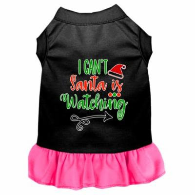 I Can't, Santa Is Watching Screen Print Dog Dress Black With Bright Pink Med