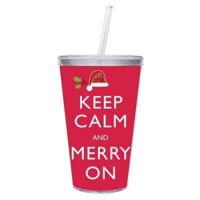 Evergreen Enterprises 2AC4175 17oz Insulated Cup with Glitter and Straw Keep Calm and Merry On