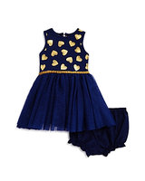 Pippa & Julie Girls' Gold-Heart-Print Tulle Dress & Bloomers Set - Baby