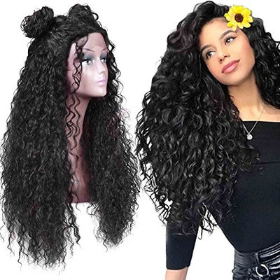 Armmu 30” Lace Front Wigs Glueless Long Loose Fluffy Curly Wigs for Women 100% Synthetic Hair Black Wig 1B Free Part 180% Density Wigs