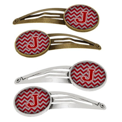 Letter J Chevron Maroon and White Set of 4 Barrettes Hair Clips CJ1049-JHCS4