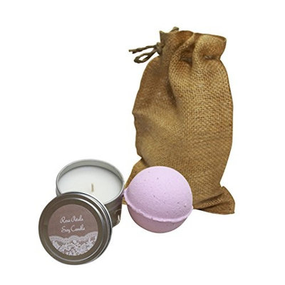 Cottage Lane Soy Candle and Jumbo Luxury Fizzy Bath Bomb Two Piece Aromatherapy Spa Set (Rose Petals)
