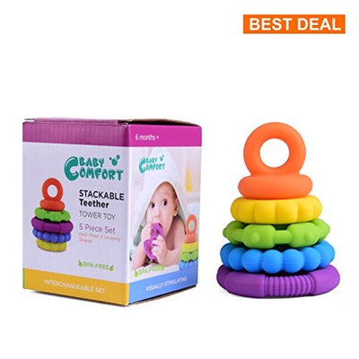 Stacking Baby Teether Toy - Sensory Silicone Teething Rings for Babies – Promote Motor Skills-Premium Food Grade Silicone Rainbow Colors - BPA Free