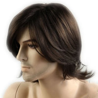 CoolMedium Length Dark Brown Slight Curly Wave side swept fringe bang hairstyle Hair Style Men Wig