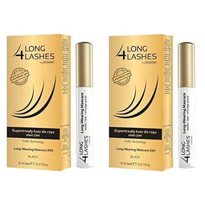 Long 4 Lashes by Oceanic, Long-Wearing Mascara 24H, Black, 8 ml (Pack of 2) + FREE Makeup Blender