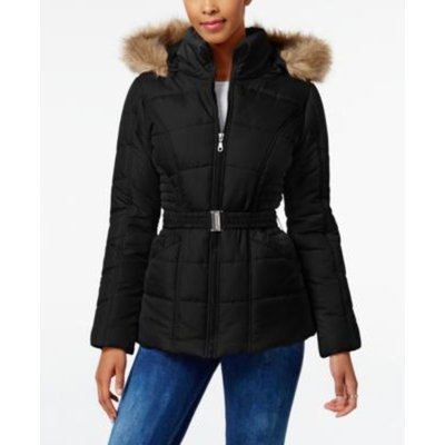 Rampage Faux-Fur-Trim Hooded Belted Puffer Coat, Only at Macy's