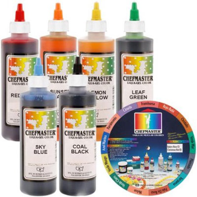6 Color Chefmaster Liqua-Gel Cake Coloring Set, 10.5 oz. Kit by US Cake Supply