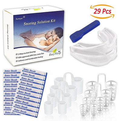 Sumyer Anti Snoring Devices Snore Stopper Nose Vents (4 Sizes- 8 Nasal Dilators) with 1 Reduce Snore Mouth Guard Mouthpiece & 20 Nasal Strips Snoring Solution For Ease Breathing Snore Relief- BPA Free