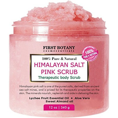 100% Natural Himalayan Salt Full Body Scrub 12 oz with Lychee Oil and Sweet Almond Oil- Best Body scrub, Deep Skin Exfoliator, Anti Cellulite, Body Wash, Moisturizer & Detox
