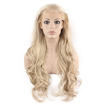 Mxangel Long Wavy Celebrity Natural Hairline Ash Blond Synthetic Lace Front Wig