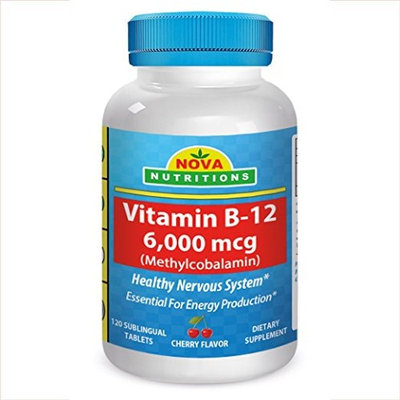 Vitamin B-12 6000 mcg 120 Sublingual Tablets by Nova Nutritions (Methylcobalamin cherry flavor)