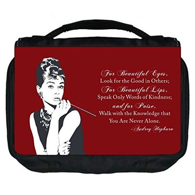 Rosie Parker TM Small Travel Sized Hanging Cosmetic/Toiletry Case with 3 Compartments and Detachable Hanger-Made in the U.S.A.- Audrey Hepburn Quote on Vintage Burgundy
