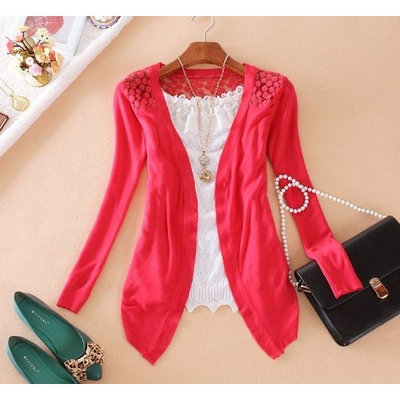 Hot Women Sweet Lace Candy Crochet Knit Blouse Top Coat Cardigan Shirt Sweater Z (Free Size, Red)