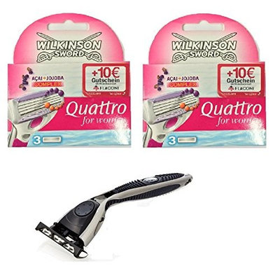 Compatible Razor + Wilkinson by Schick Quattro for Women Refill Blade Cartridges, 3 Count (2 Pack) + FREE Schick Slim Twin ST for Sensitive Skin