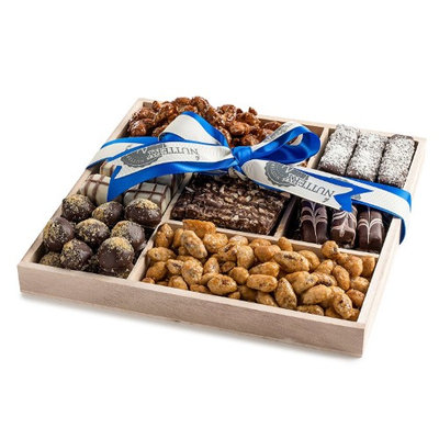 The Nuttery Ny Wooden 5 Section Square- Chocolate and Premium Nuts-Blue Ribbon
