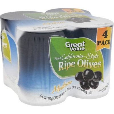 Great Value Pitted California-Style Ripe Olives, Medium, 6 oz, 4 Count