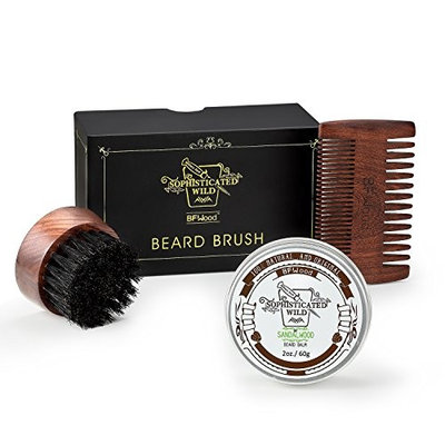 BFWood Beard Kit for Men – Small Travel Beard Brush Boar Bristle + Solid Ebony Wood Beard Comb + Beard Balm 60g Sandalwood Scent
