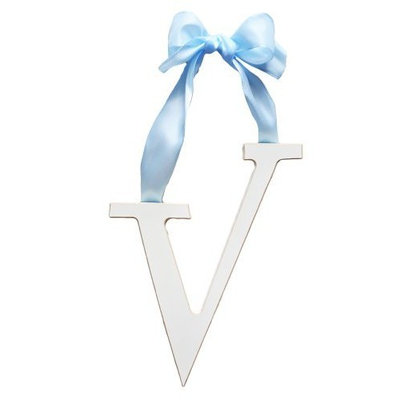 Arrivals Wooden Letter V with Blue Solid Ribbon, Cream