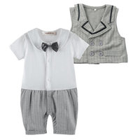 StylesILove Short Sleeve Baby Boy Tuxedo Romper and Vest - White-Grey (6-12 Months)