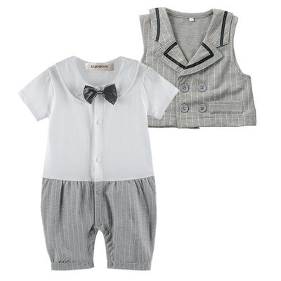 StylesILove Short Sleeve Baby Boy Tuxedo Romper and Vest - White-Grey (6-12 Months)