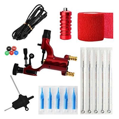 Homyl Professional Complete Tattoo Machine Kit Power Supply Clip Cord Needles Gun Handle Grip Equipment Elastic Bandage Tools Set - Red