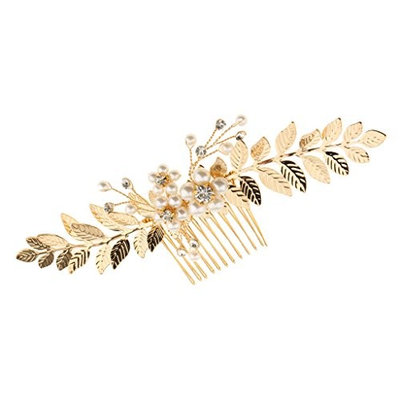 B Blesiya Gold Leaves Bridal Hair Comb Rhinestone Pearls Bridesmaid Pin Clip Accessory