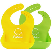 Prilda Babi ©re Silicone Baby Bibs, Set of 2 (Green and Yellow) + Free Silicone Baby Spoon