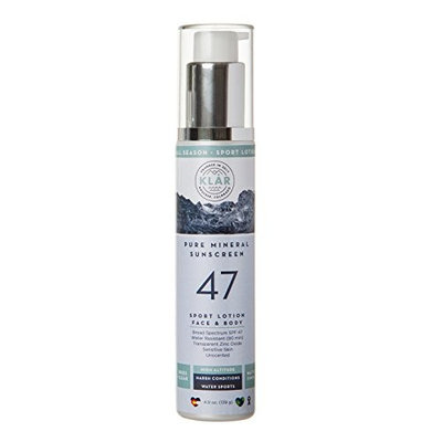 KLAR Pure Mineral SPF 47 Sport Sunscreen - Face & Body Lotion. Broad Spectrum Protection. Very Sensitive Skin. Gentle, Soothing, Lightweight, Hypoallergenic, Nontoxic, Tear Free. Dries Clear.