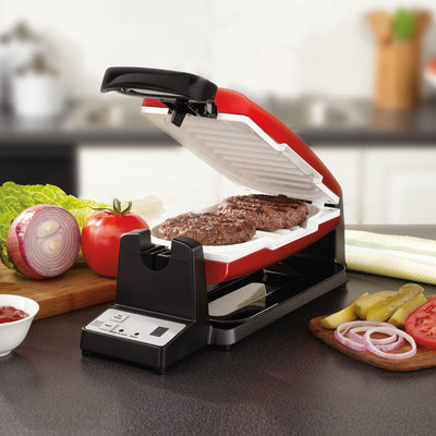 Oster 7-Minute Grill with DuraCeramic Coating and Digital Timer, RedWhite, CKSTCG22R-ECO