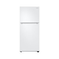 Samsung RT18M6215WW Top Mount Freezer Refrigerator with 18 cu. ft. Capacity 2 Full Size Refrigerator Shelves Crispers Door Storage and Factory Installed Ice Maker