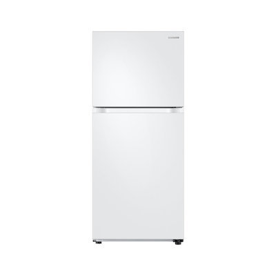 Samsung RT18M6215WW Top Mount Freezer Refrigerator with 18 cu. ft. Capacity 2 Full Size Refrigerator Shelves Crispers Door Storage and Factory Installed Ice Maker