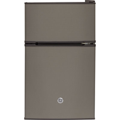 GE GDE03GMKED 19 Inch Top Freezer Compact Refrigerator with 2 Glass Shelves, Storage Drawer, 2 Door Bins, Beverage Can Door Bin, Freezer Door Bin and Mini Ice Cube Tray: Slate