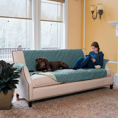 Great Bay Home Kaylee Collection Blue Silver Reversible Quilted Furniture Sofa Protector
