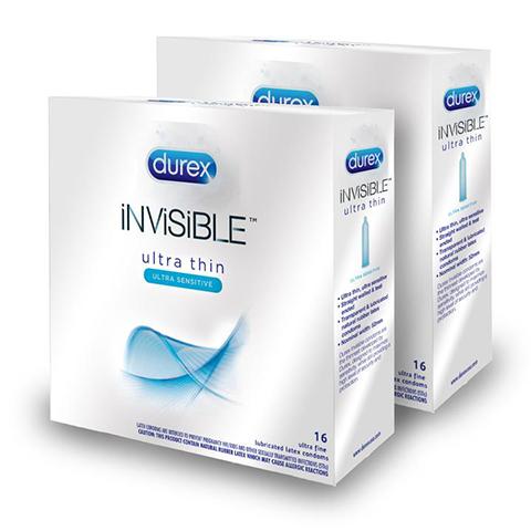 Durex Condom Invisible Ultra Thin Natural Latex Condoms, Ultra Sensitive,  Lubricated, Transparent