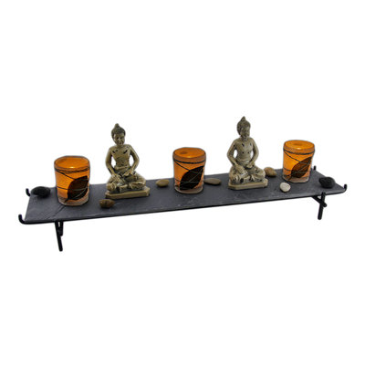 Sitting Buddha 3 Piece Candle Holder and Slate Tray Set
