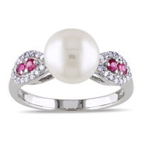Miadora 10k Gold Cultured Freshwater Pearl, Pink Sapphire and 1/6ct TDW Diamond Ring (I2-I3)