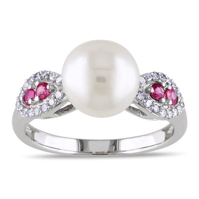 Miadora 10k Gold Cultured Freshwater Pearl, Pink Sapphire and 1/6ct TDW Diamond Ring (I2-I3)