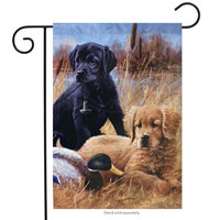 Hummingbird Haven Faithful Friends Puppies Garden Flag Duck Labrador Yellow Black Dog 12.5'x18'