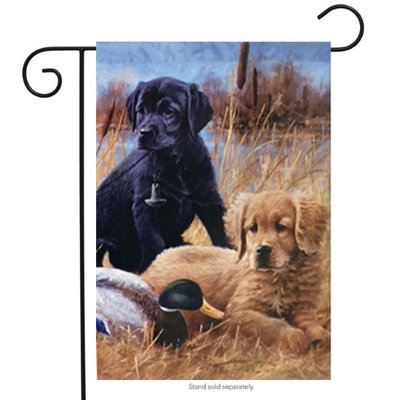 Hummingbird Haven Faithful Friends Puppies Garden Flag Duck Labrador Yellow Black Dog 12.5'x18'