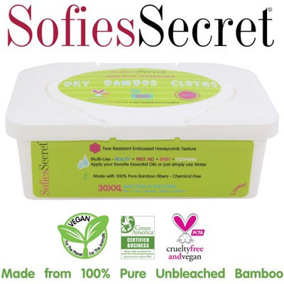Moist Towel Services SofiesSecret Unbleached Bamboo DRY Wipes, Extra Thick. XXL,1 TUB, 30 Count? Multi-Use: Beauty, First Aid, Baby, Cleaning, Ultra Soft 8in. X 12in.