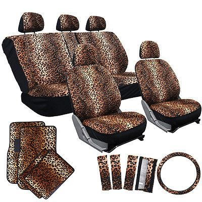 Istiloshoppe Car Accessories 21pc Seat Cover Leopard Cheetah Animal Print For Van + Floor Mat Belt Pads Wheel
