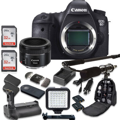 Canon EOS 6D 20.2 MP Full Frame CMOS Digital SLR DSLR Camera with EF 50mm F/1.8 STM Lens + 2pc SanDisk 32GB Memory Cards + Battery Power Grip + Special Promotional Holiday Accessory Bundle