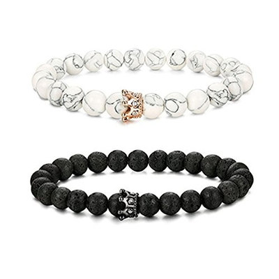 King&Queen Crown Couple Essential Oil Aromatherapy Black Matte Agate & White Howlite Lava Rock Bracelet His and Her Friendship 8mm Beads