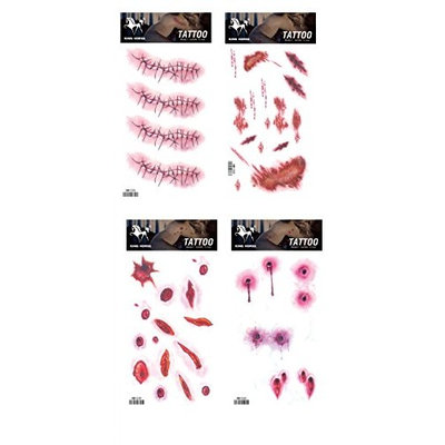 Spestyle waterproof and non toxic tattoo 4pcs mixes Halloween fake temp tattoo stickers in a packages,including scars and blood tattoo stickers.
