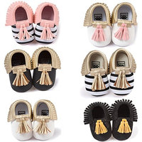 Cute Tassel Style Infant Baby Toddlers Kids Shoes with Soft Sole Unisex for Baby Girls Boys PU Shoe Upper Black + Gold Size 12 Fits Babies Aged 6 to 12 Months