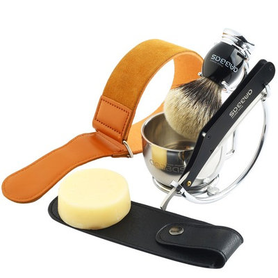 Shaving Set,7in1 Anbbas Silver tip Badger Shaving Brush,Natural Shaving Soap 100g,Stainless Steel Shaving Stand and Bowl,Straight Razor,Genuine Leather Razor Strop,Black Quality Razor Bag Kit