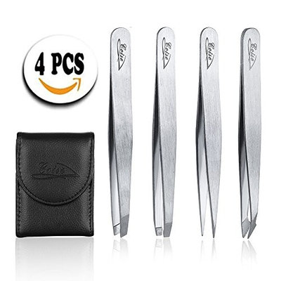 Tweezers Set with Leather Travel Case -Professional Stainless Steel Tweezers - Precision Eyebrow Tweezers Great for Plucking Eyebrows (4 Piece)