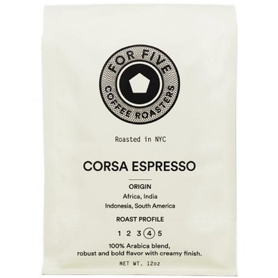 For Five Coffee Roasters Corsa Espresso Dark Roast (Origin: Africa, India, Indonesia, South America), Whole Bean 12 oz