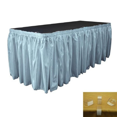 LA Linen SkirtBridal30X29-15Lclips-BlueLgtB18 Bridal Satin Table Skirt with 15 L-Clips Light Blue - 30 ft. x 29 in.